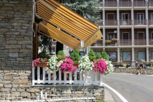 Yellow retractable awning near flowers